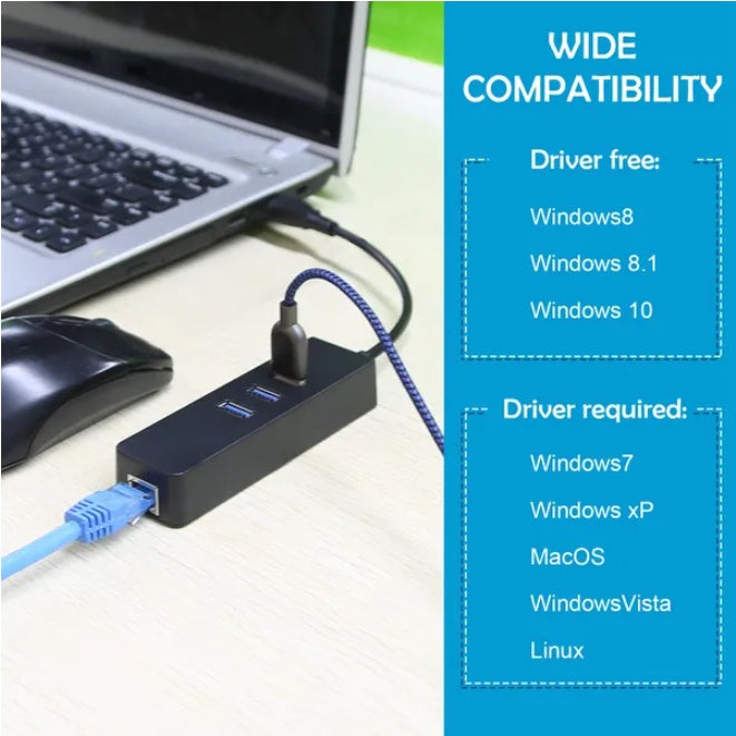 3-Port USB 3.0 Hub with Gigabit Ethernet Adapter - High Speed Network Converter