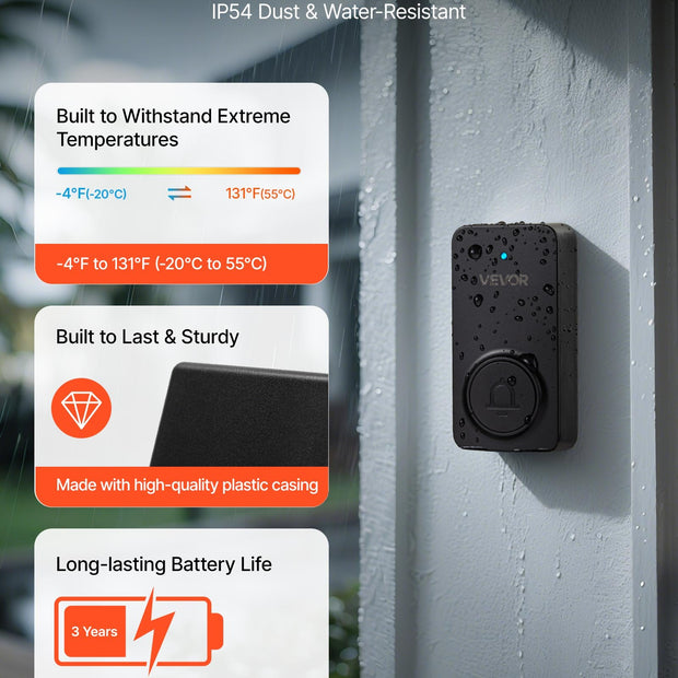 Wireless Doorbell Kit, IP54 Waterproof Door Chime Ranges Up To 1000 Ft, 5 Adjustable Volumes, 48 Ringtones, Easy Installation, Wireless Doorbell Ideal For Home, Doorway, Classroom, Office, Black