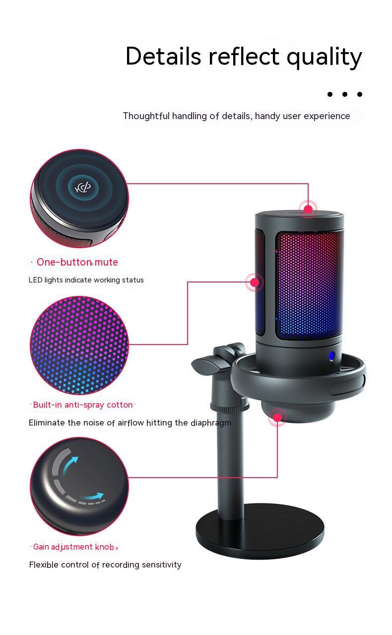 RGB Condenser Microphone - Professional Streaming Mic with Colorful LED Lighting Wired