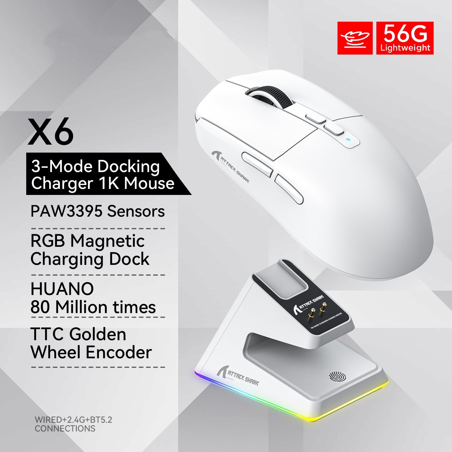 X6 Tri-Mode Gaming Mouse - PAW3395 Sensor with RGB Wireless Bluetooth