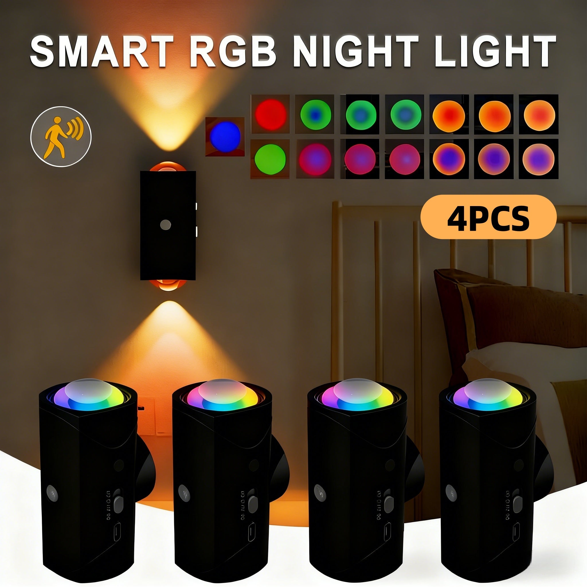 Motion Sensor Night Lights 4-Pack - Rechargeable LED with 7 Colors | Magnetic Cabinet & Wall Lights