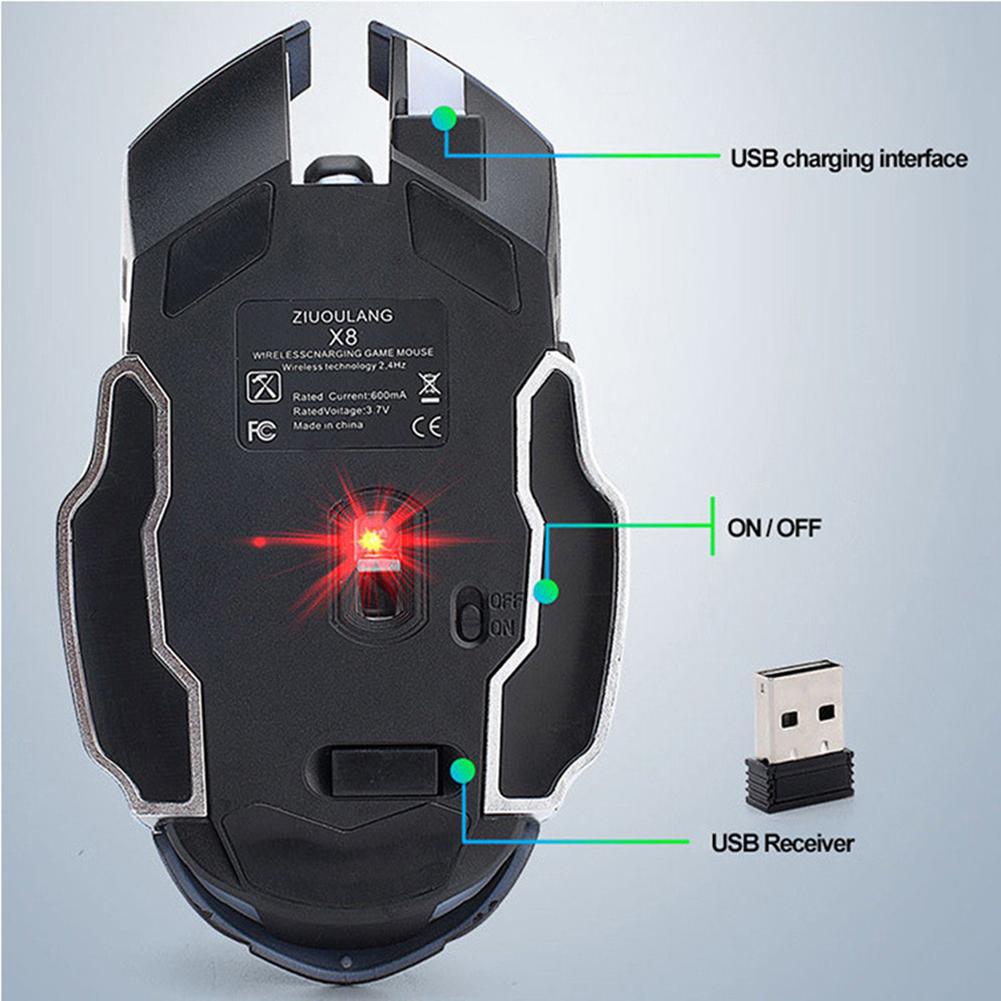 X8 Wireless Gaming Mouse - Rechargeable 2.4GHz RGB 7-Color Breathing Light 1800 DPI
