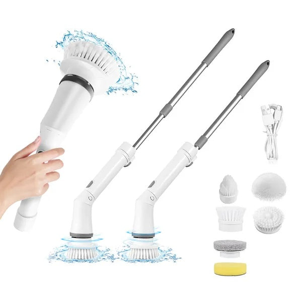 Electric Spin Scrubber - Cordless Rechargeable Telescopic Cleaning Brush with 6 Replaceable Heads