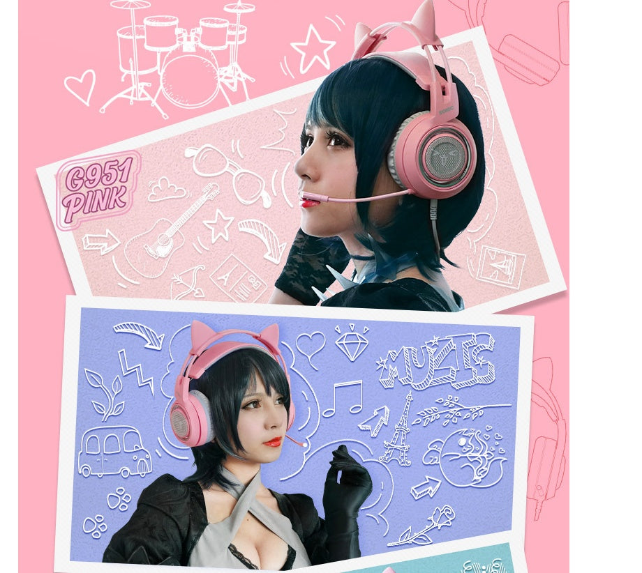 Gaming Headset with Cat Ears - USB 7.1 Surround Sound & RGB LED
