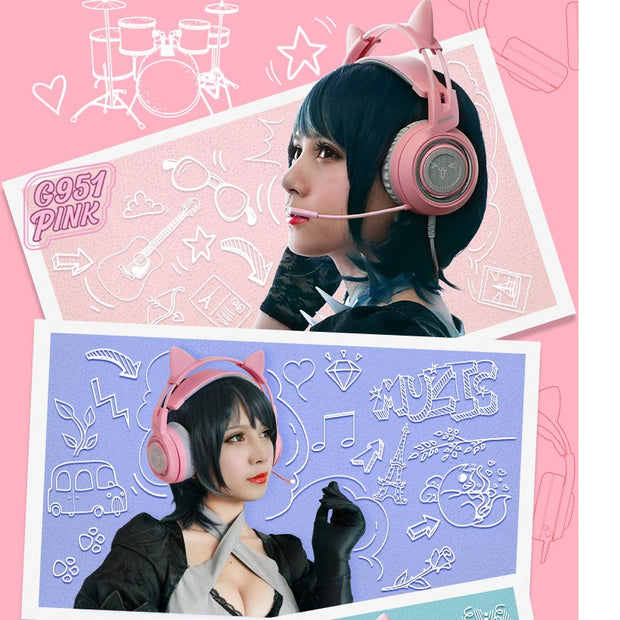 Gaming Headset with Cat Ears - USB 7.1 Surround Sound & RGB LED