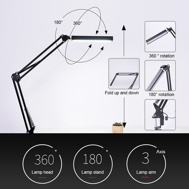 LED Desk Lamp - Rechargeable Clip-On Long Arm Light