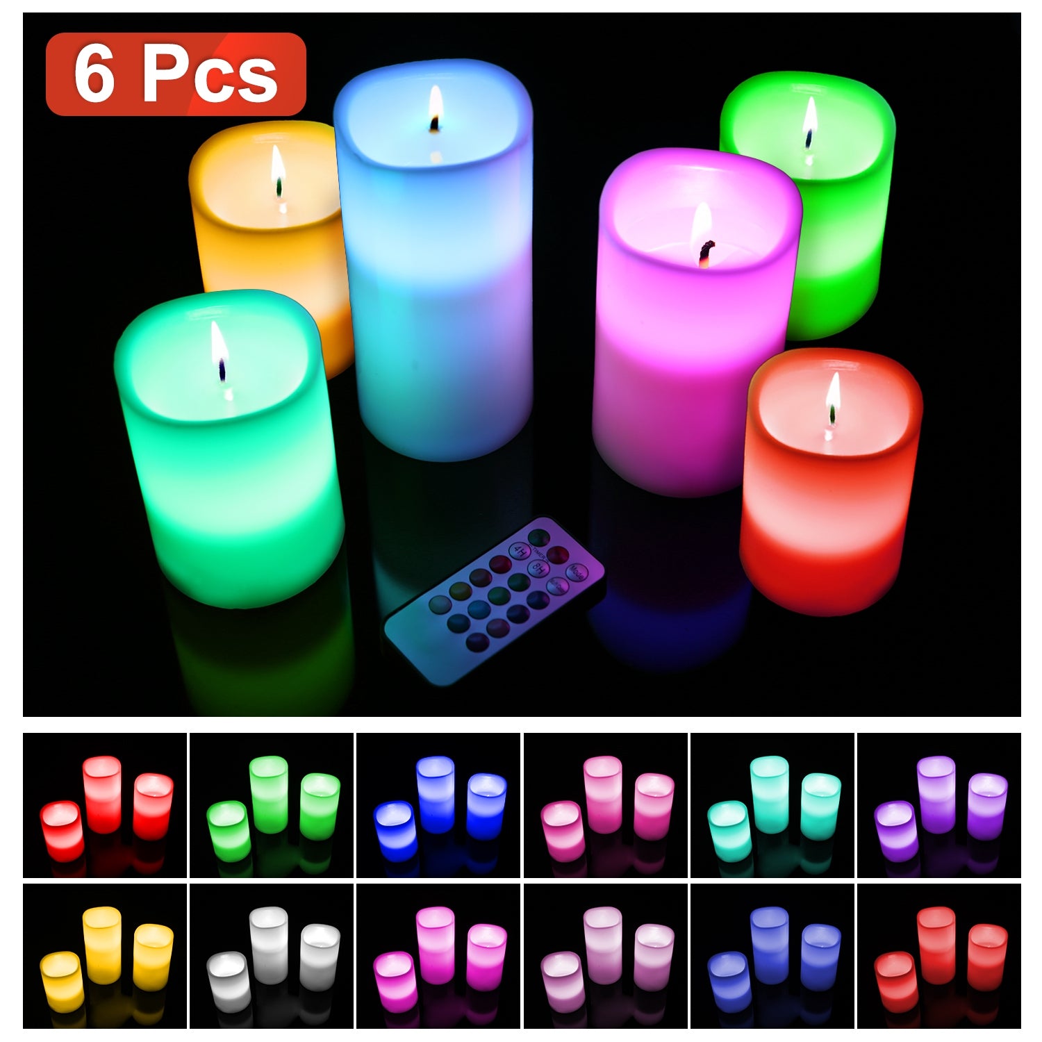 Flameless LED Candles 6-Pack - Battery Operated with Remote & Timer | 12 Colors Flickering Candles