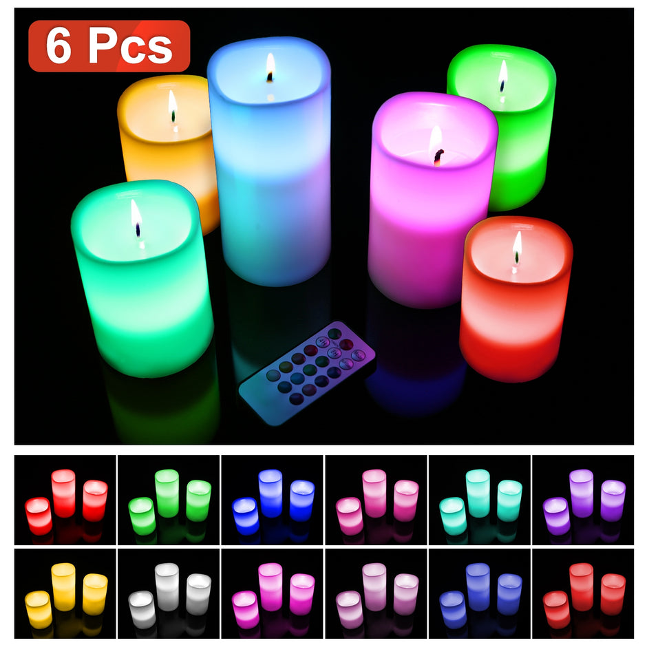 Flameless LED Candles 6-Pack - Battery Operated with Remote & Timer | 12 Colors Flickering Candles