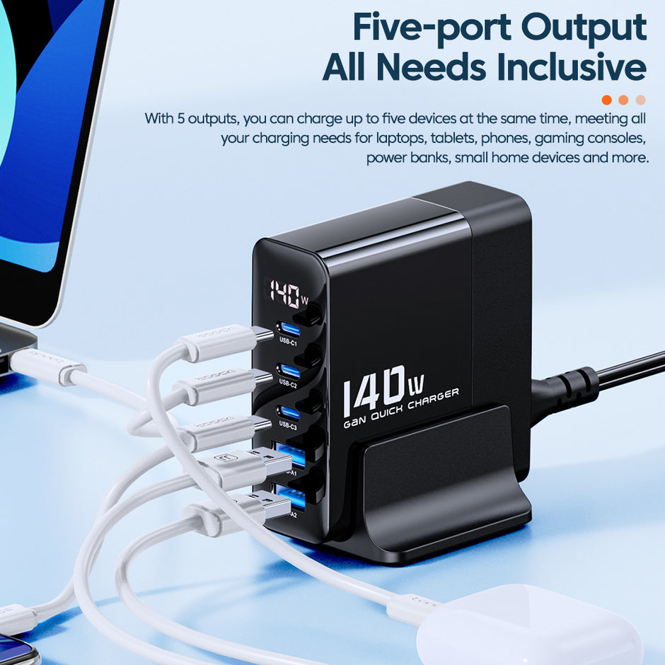 140W GaN Digital Display Fast Charger - 3C2A Multi-Port Station