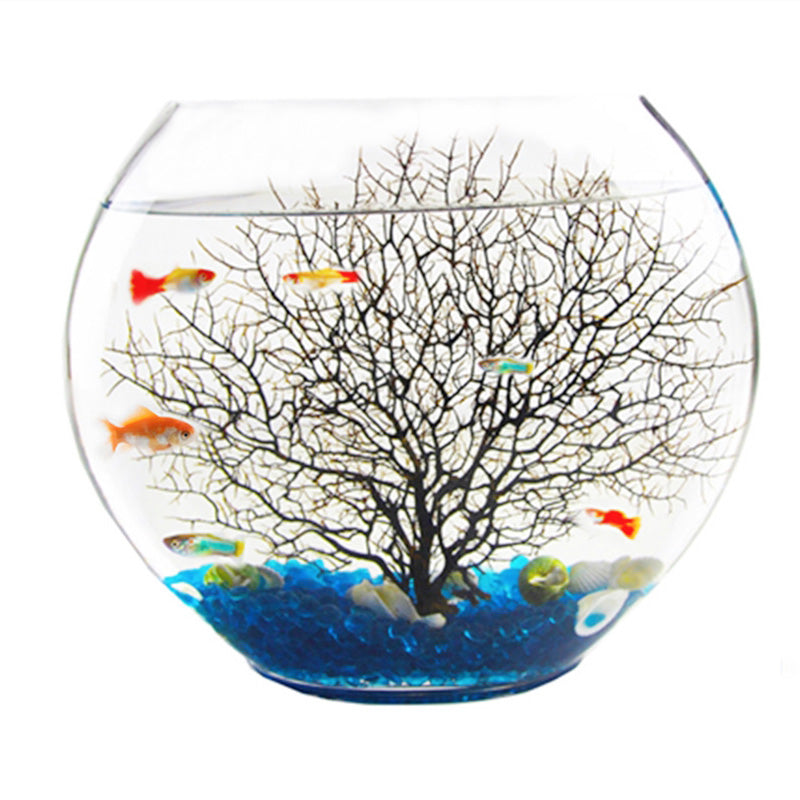 Desktop Mini Oval Glass Fish Tank - Flat Design with Blue Sand & Decor