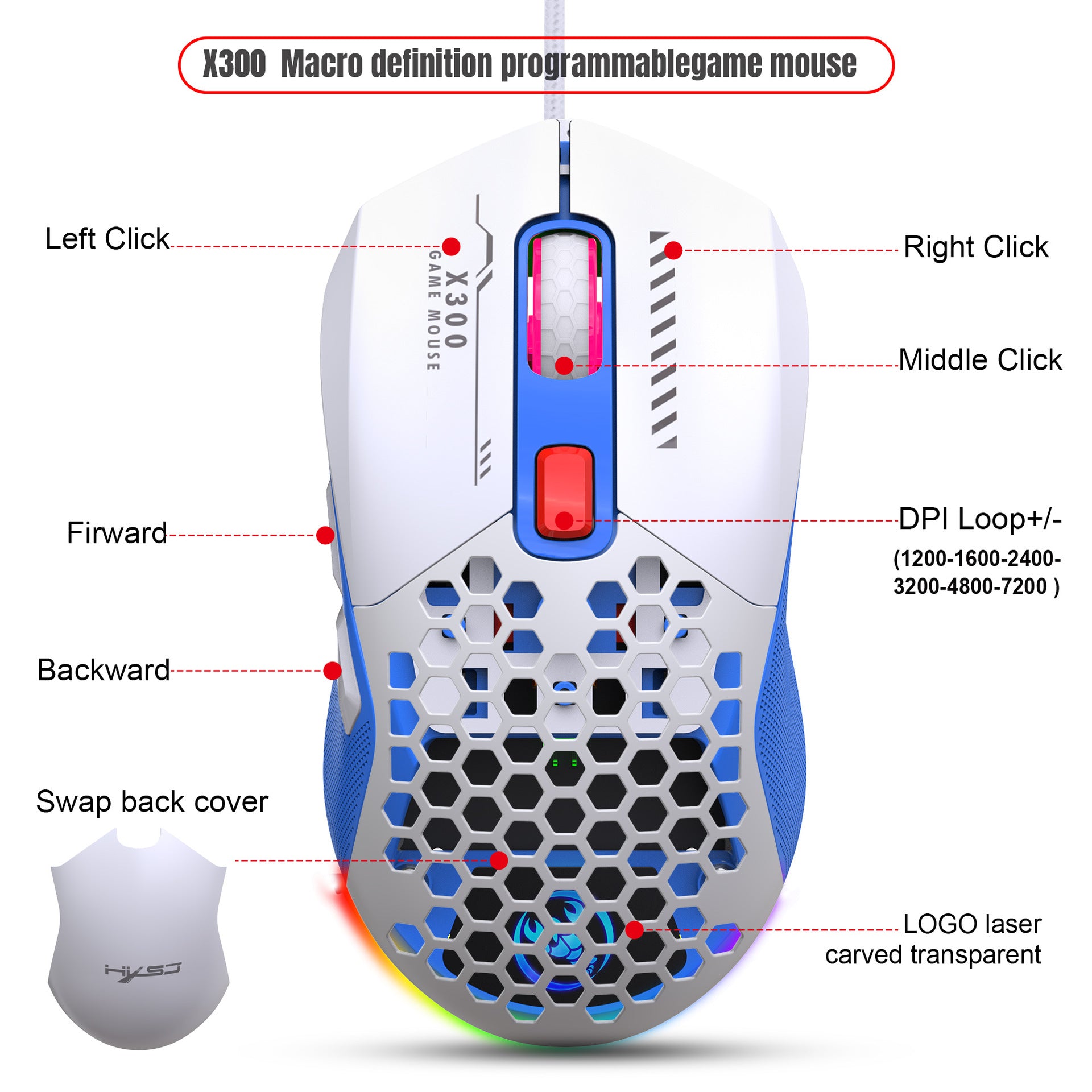 RGB Gaming Mouse - Lightweight Hollow Design Wired E-Sports Mouse with Macro Programming