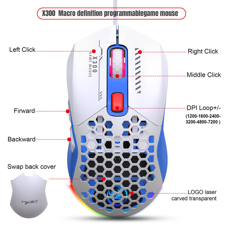 RGB Gaming Mouse - Lightweight Hollow Design Wired E-Sports Mouse with Macro Programming