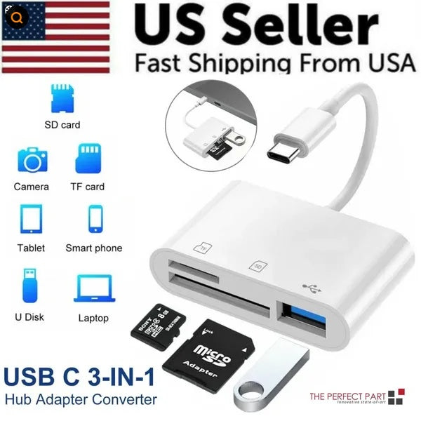 USB-C Hub 3-in-1 Adapter - SD Card Reader & USB-A Port for MacBook Pro Laptop