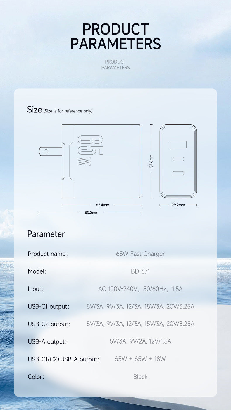 65W GaN Multi-Port Fast Charger - USB-C PD for Laptop & Phone