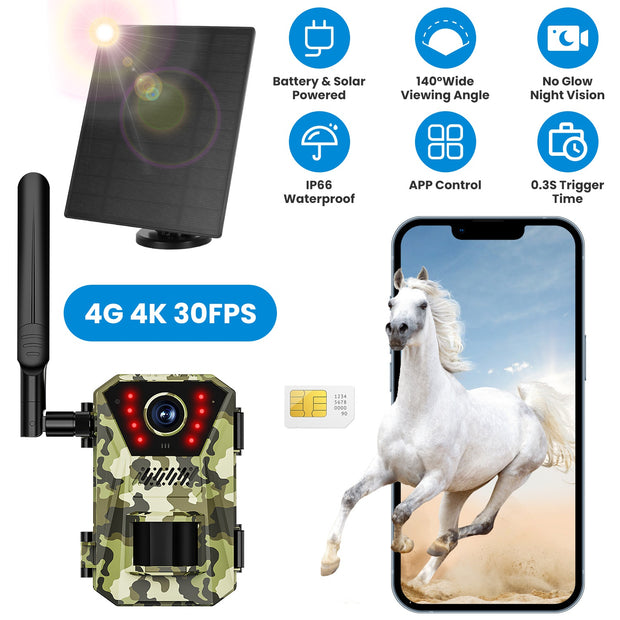 4G Solar Trail Camera - 4K 30FPS Wildlife Camera | No WiFi Needed with SIM Card & App Control