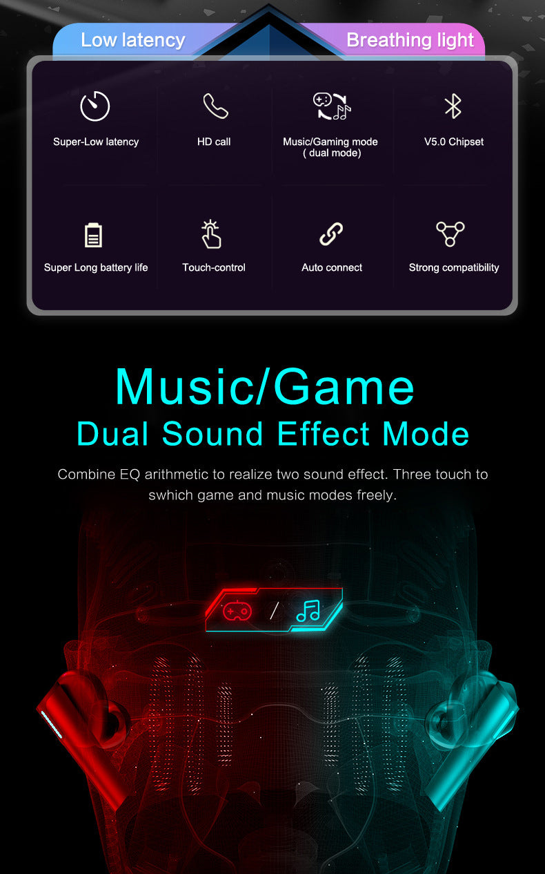 Wireless Gaming Earbuds - Low Latency Bluetooth 5.0 with LED Lights
