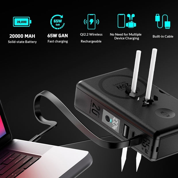 65W GaN Power Bank 20000mAh - Qi2 Magnetic Wireless Charging Station