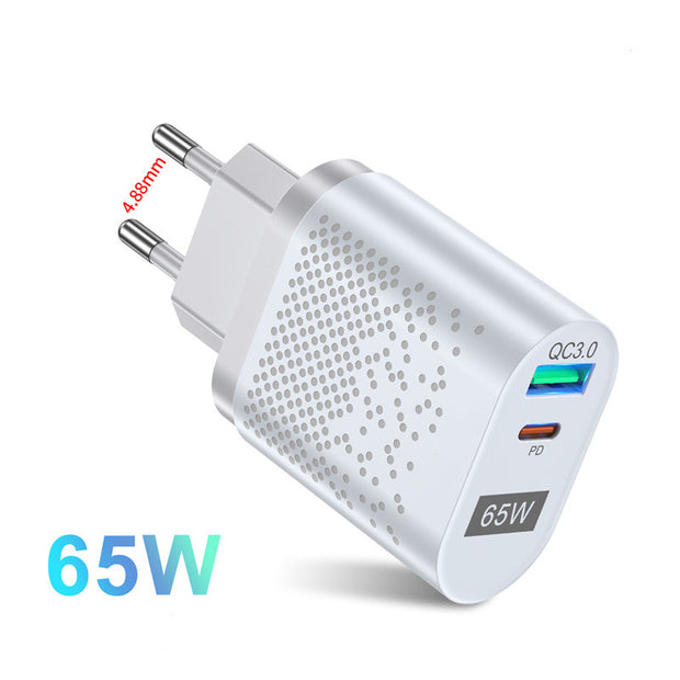 65W GaN Dual-Port Fast Charger - USB-C PD & USB-A Wall Adapter