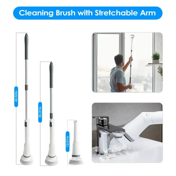 Electric Spin Scrubber - Cordless Rechargeable Telescopic Cleaning Brush with 6 Replaceable Heads