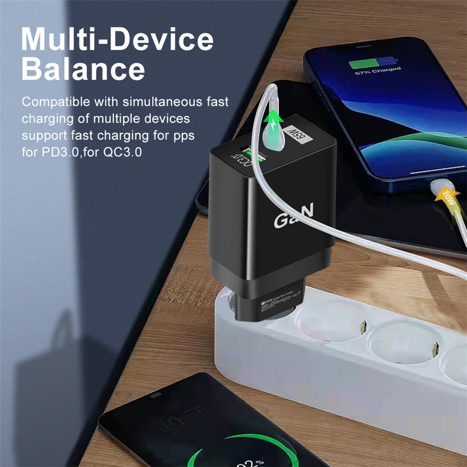 65W GaN Dual-Port Fast Charger - PD 33W + QC 33W Wall Adapter