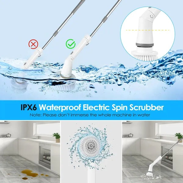 Electric Spin Scrubber - Cordless Rechargeable Telescopic Cleaning Brush with 6 Replaceable Heads