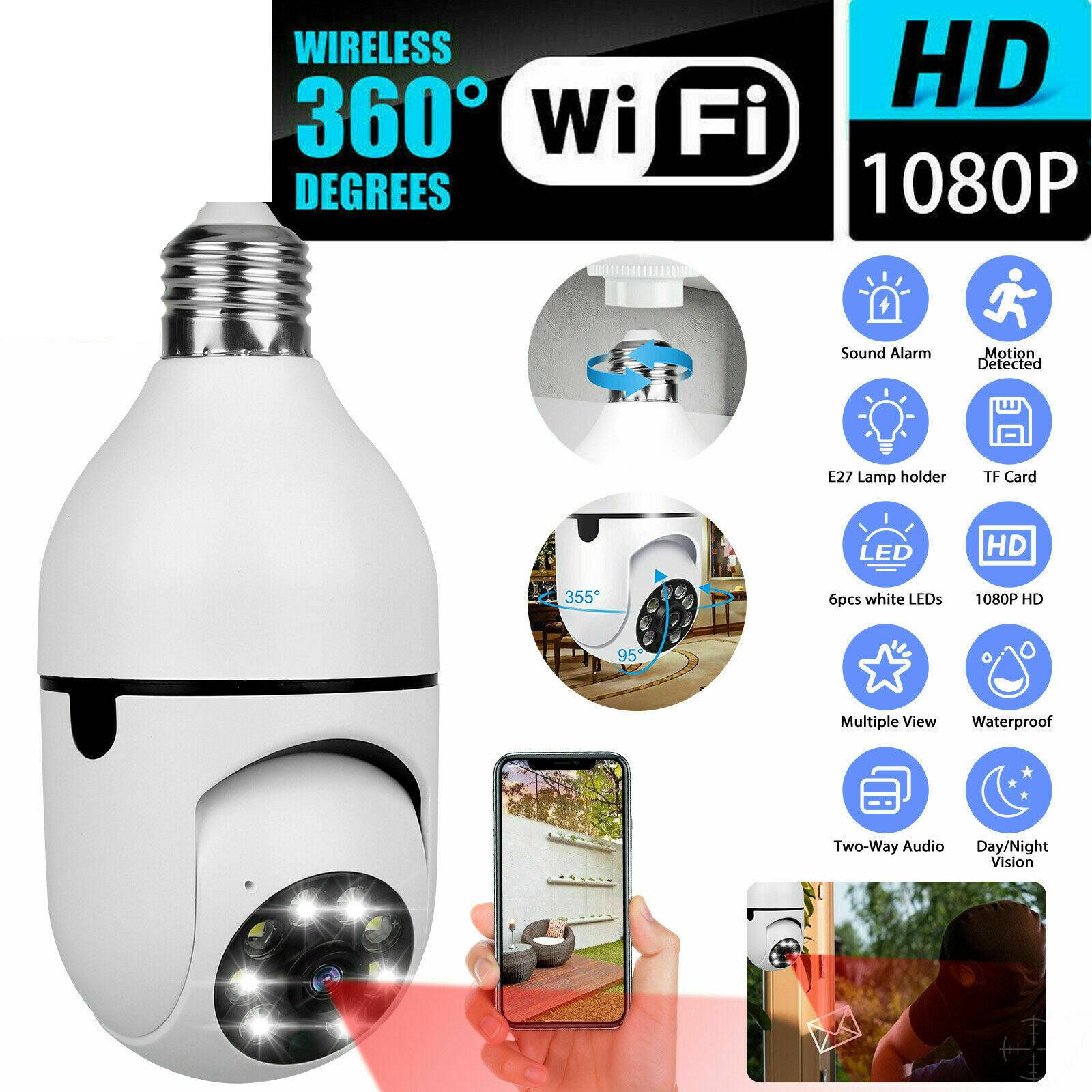 E27 Light Bulb Security Camera - 1080P HD WiFi Smart Camera | 360° View with Night Vision