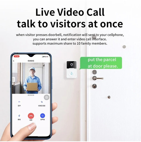 Wireless WiFi Smart Doorbell - Video Camera Intercom | 166° Wide Angle with Night Vision & Chime