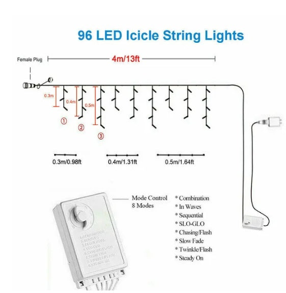 Curtain Icicle Lights - 96 LED Fairy String Lights with Remote | 8 Modes Waterproof for Christmas & Weddings