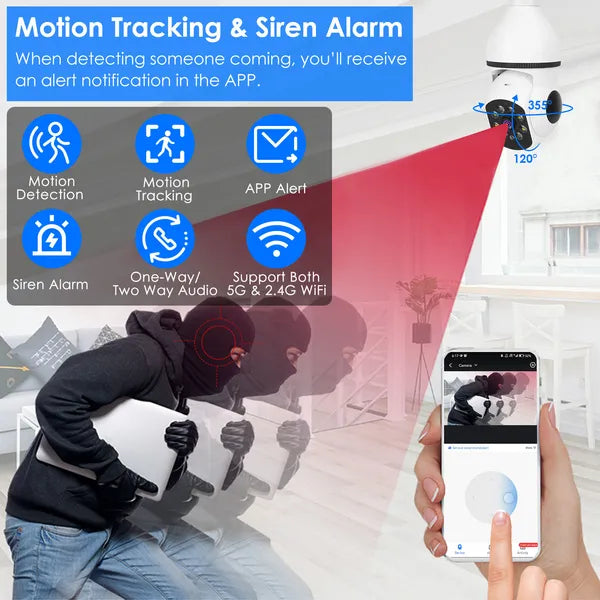 E27 WiFi Bulb Camera - 1080P Pan Tilt Security Camera | Motion Tracking with Floodlight & Siren