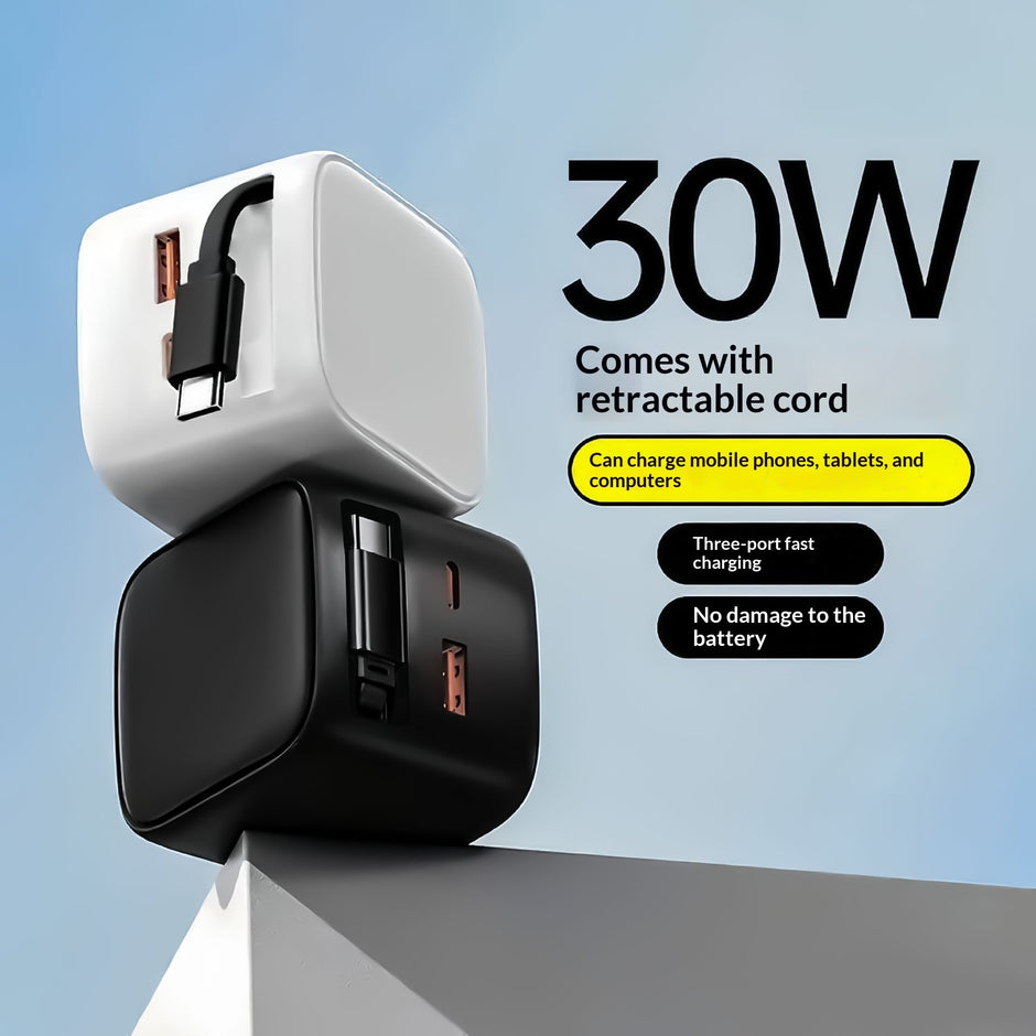30W GaN Retractable Fast Charger - Compact USB-C Travel Adapter