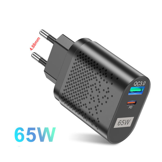 65W GaN Dual-Port Fast Charger - USB-C PD & USB-A Wall Adapter
