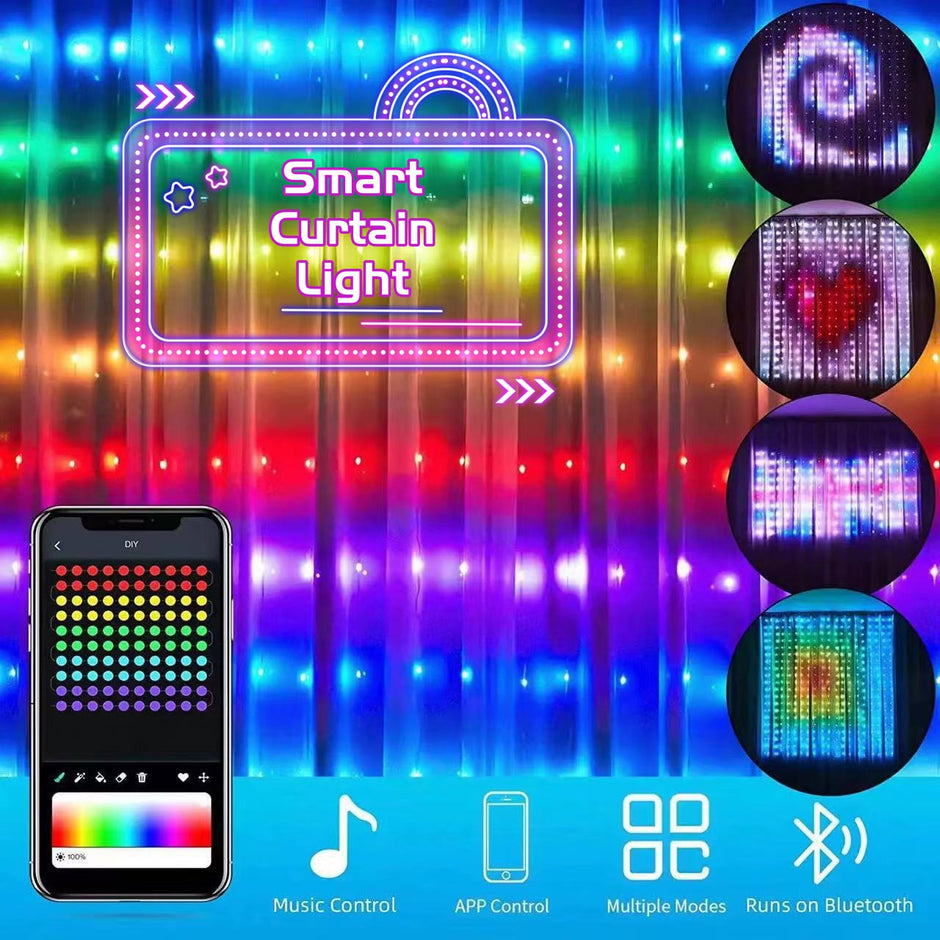 Smart LED RGB Curtain String Lights - 400 LEDs Bluetooth APP Control | Waterproof Christmas Fairy Lights