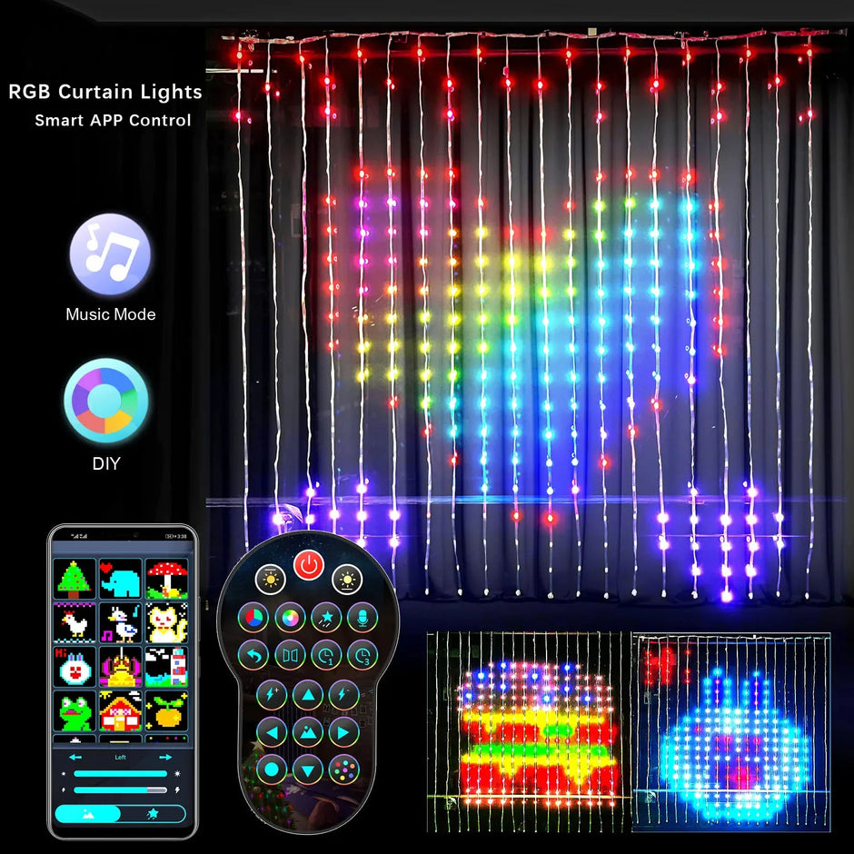 Smart LED RGB Curtain String Lights - 400 LEDs Bluetooth APP Control | Waterproof Christmas Fairy Lights