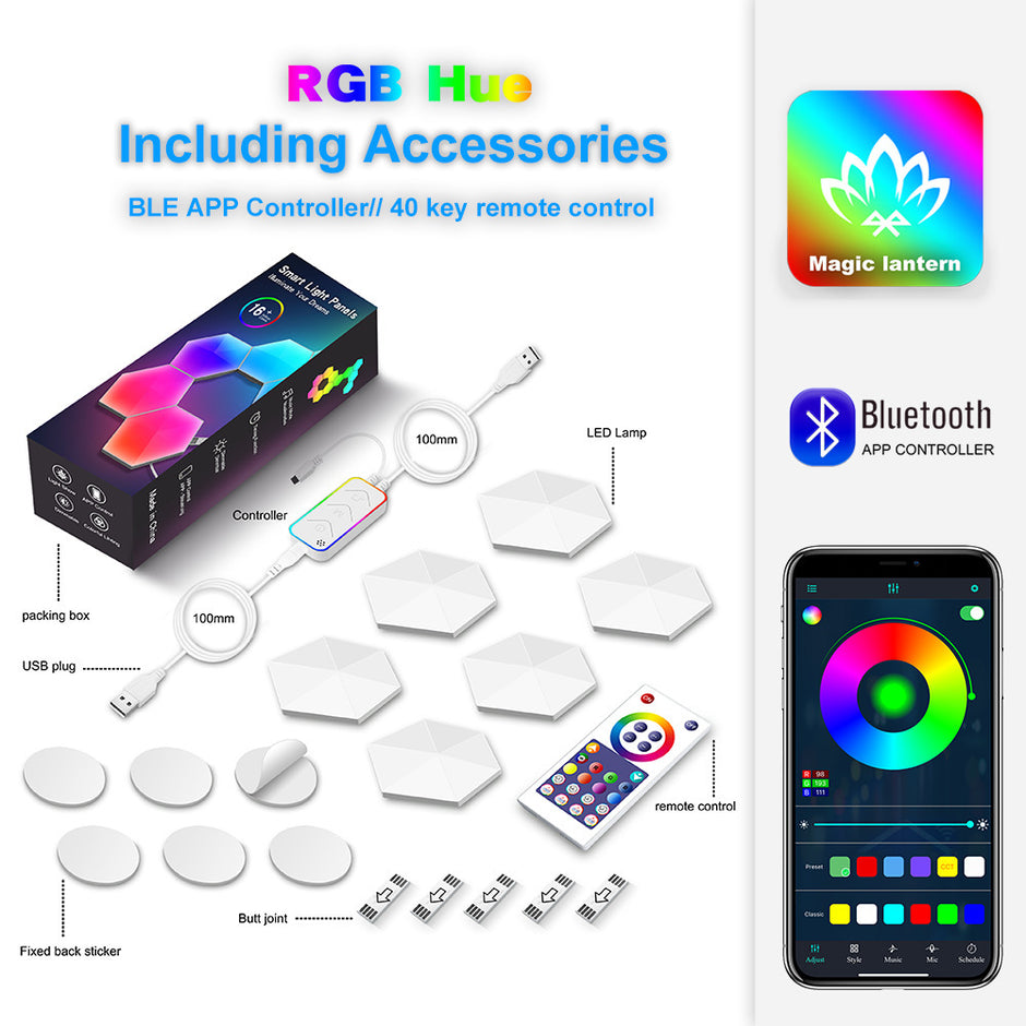 Hexagonal Smart Wall Lights - RGB LED Gaming Room Decor with App Control