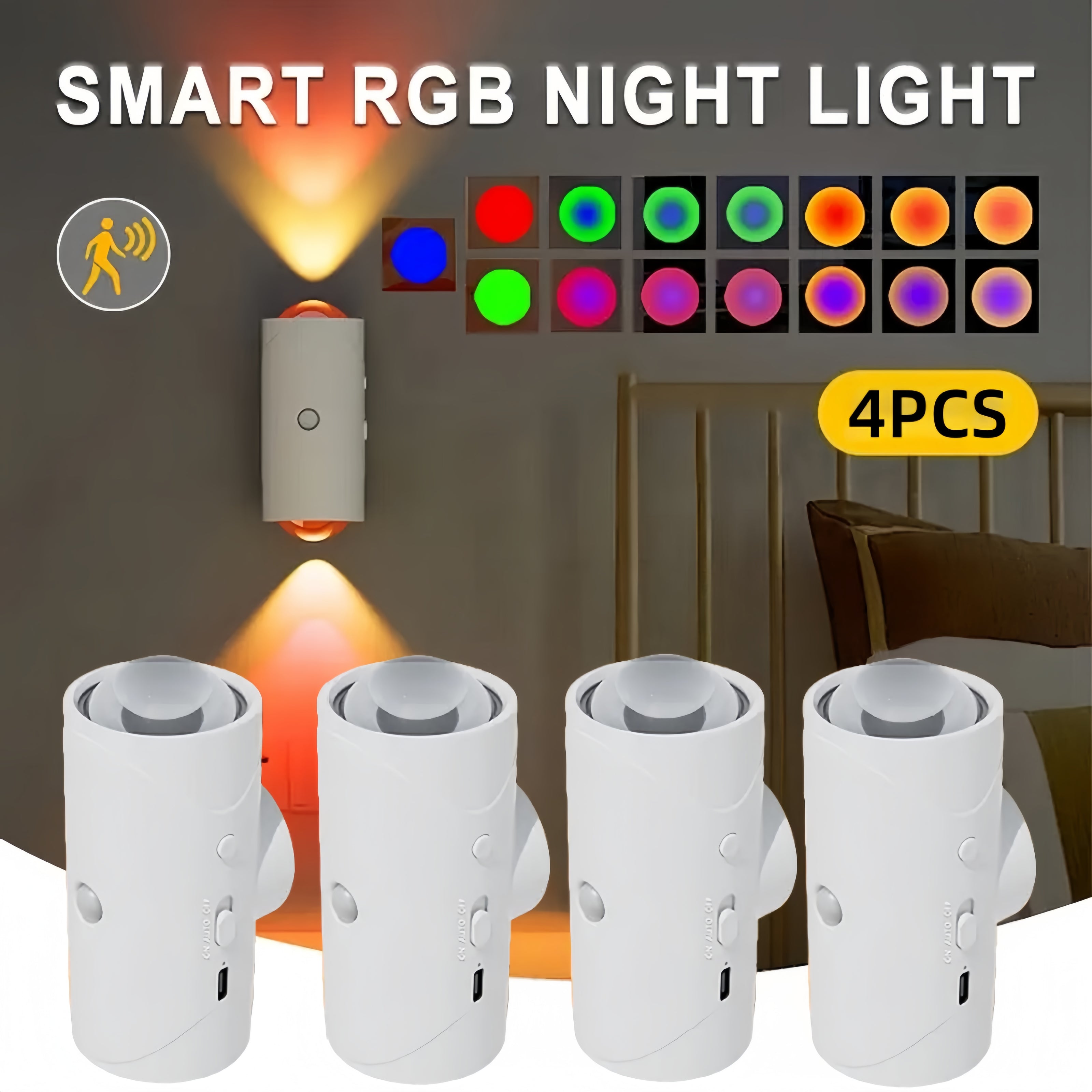 Motion Sensor Night Lights 4-Pack - Rechargeable LED with 7 Colors | Magnetic Cabinet & Wall Lights