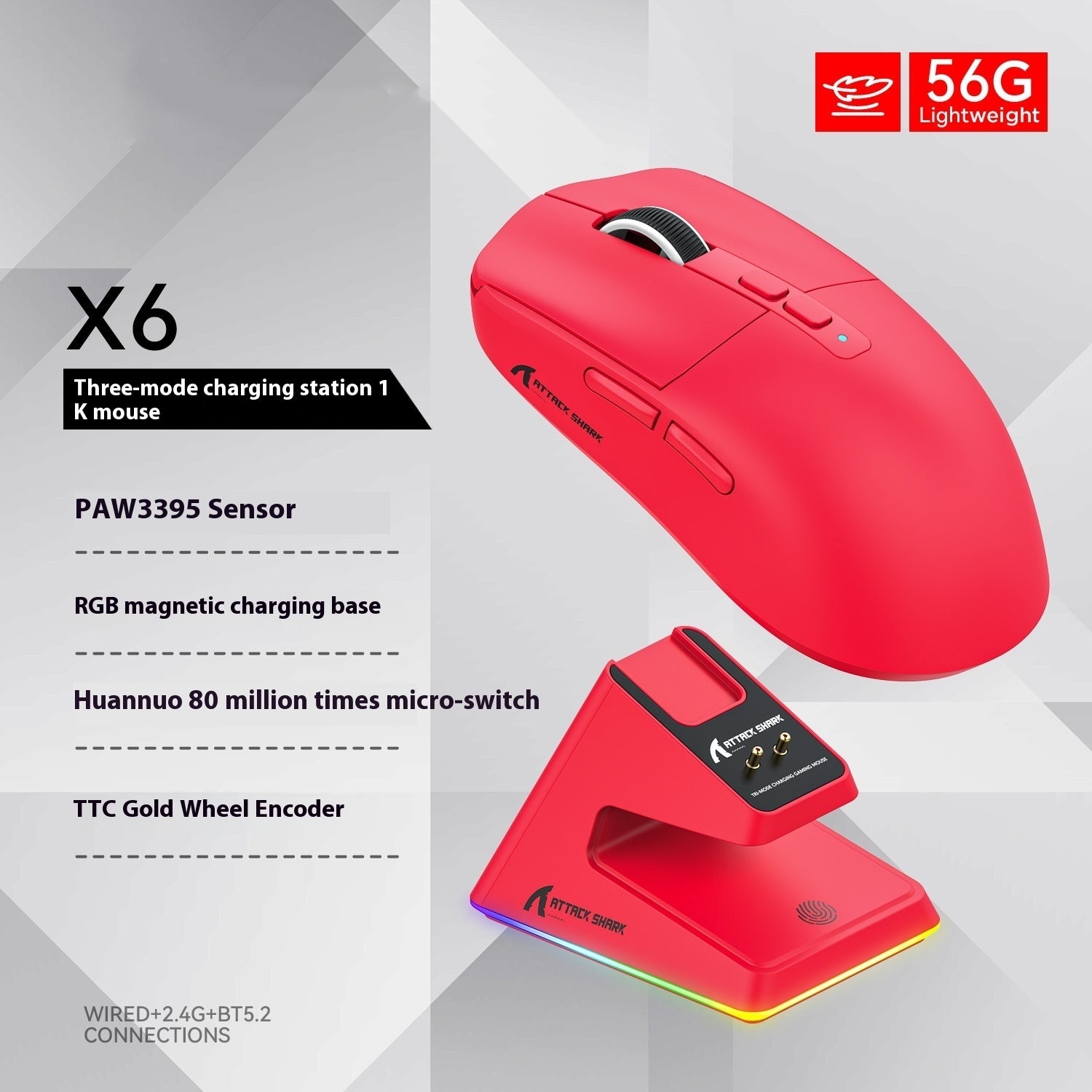 X6 Tri-Mode Gaming Mouse - PAW3395 Sensor with RGB Wireless Bluetooth