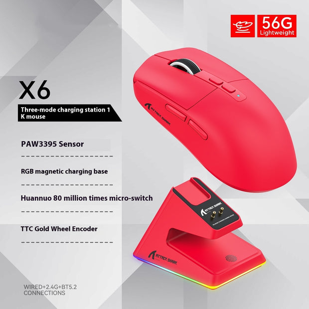 X6 Tri-Mode Gaming Mouse - PAW3395 Sensor with RGB Wireless Bluetooth