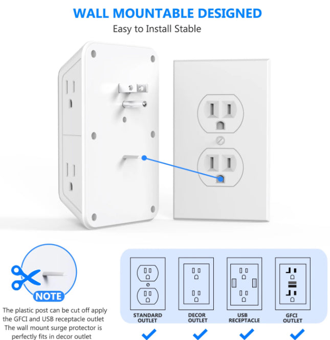 Multi-Functional Power Strip - 6 AC Outlets + 4 USB Ports Wall Socket