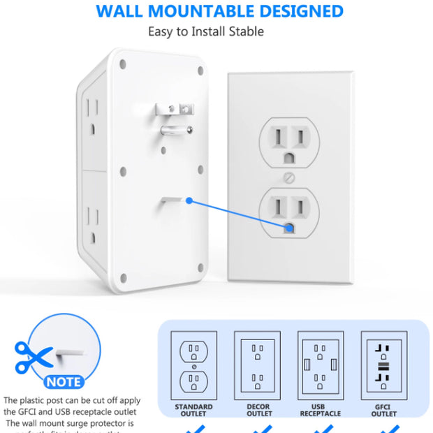 Multi-Functional Power Strip - 6 AC Outlets + 4 USB Ports Wall Socket