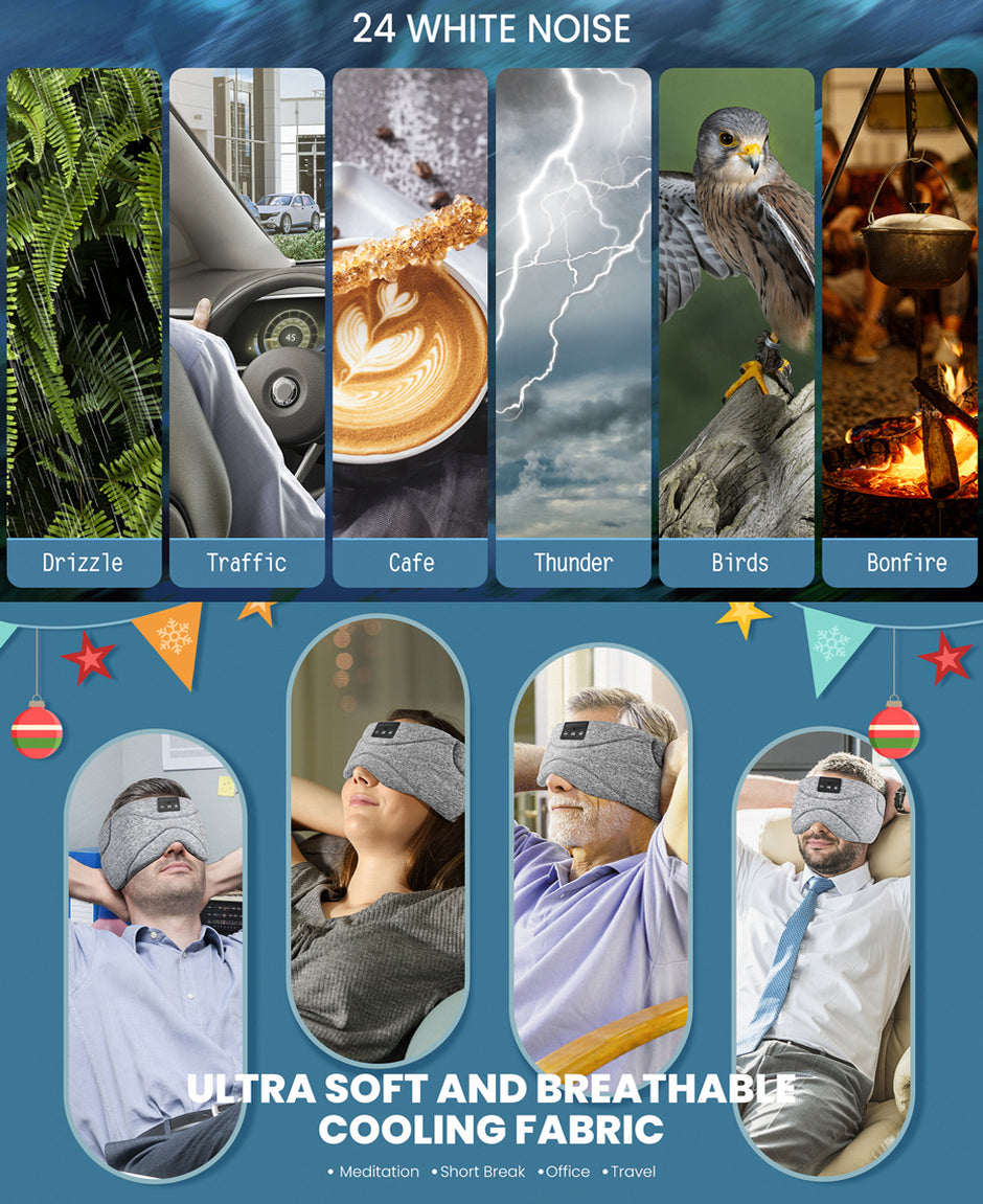 Bluetooth Sleep Mask - 20 White Noise Sounds & 15-Hour Battery