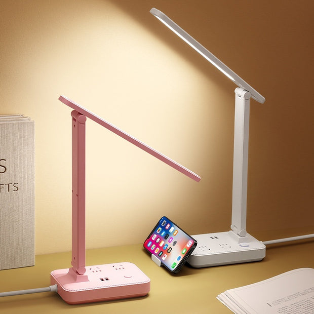 LED Desk Lamp with Power Socket - USB Charging Eye Protection Light