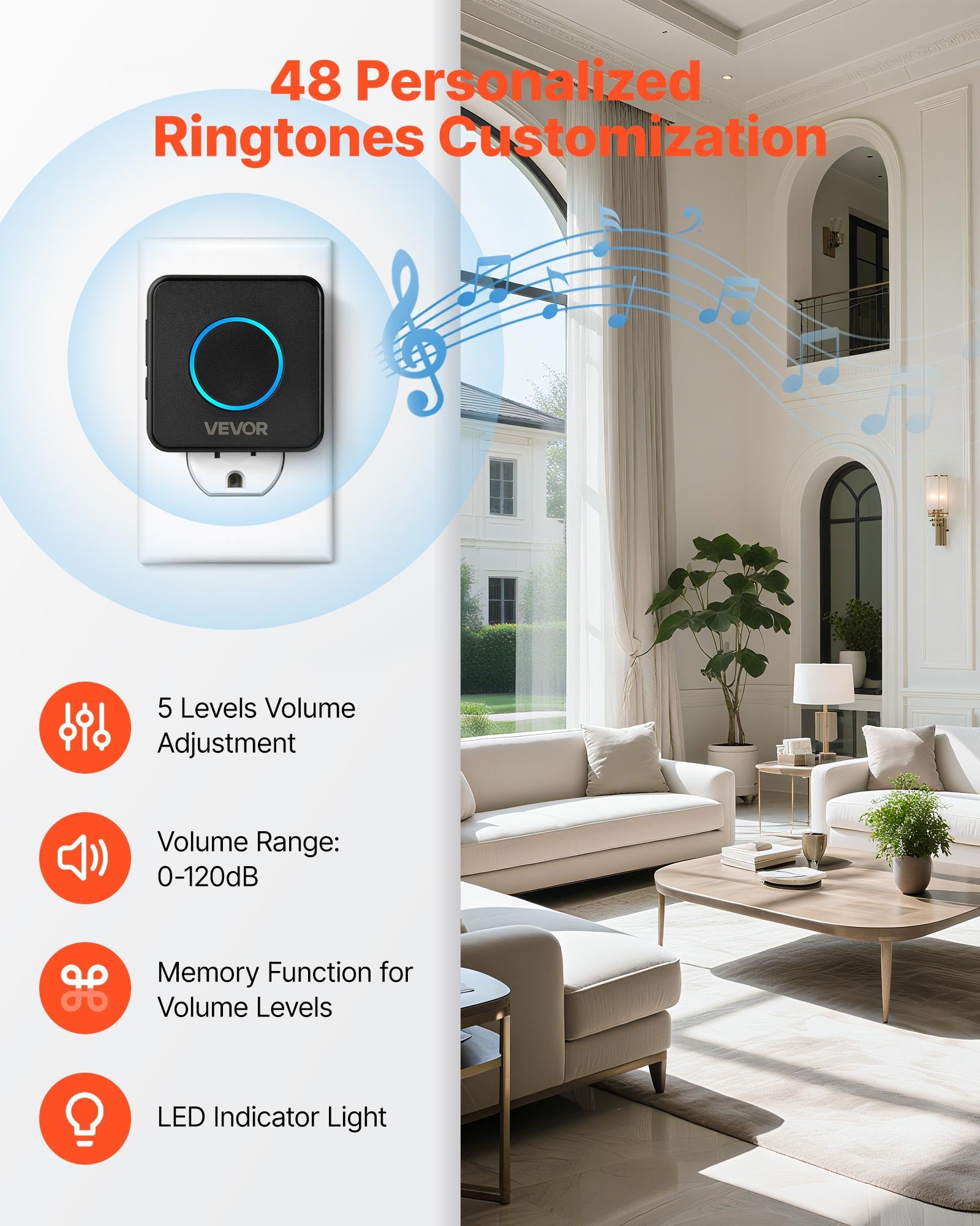 Wireless Doorbell Kit, IP54 Waterproof Door Chime Ranges Up To 1000 Ft, 5 Adjustable Volumes, 48 Ringtones, Easy Installation, Wireless Doorbell Ideal For Home, Doorway, Classroom, Office, Black