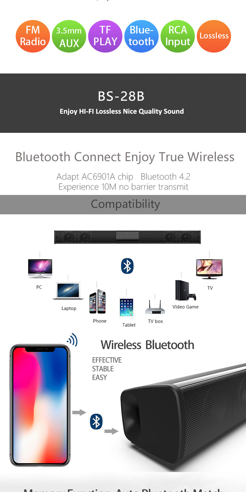 Home Theater Soundbar - Bluetooth Sound System with Remote Control