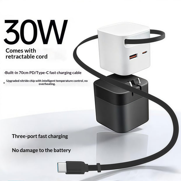 30W GaN Retractable Fast Charger - Compact USB-C Travel Adapter