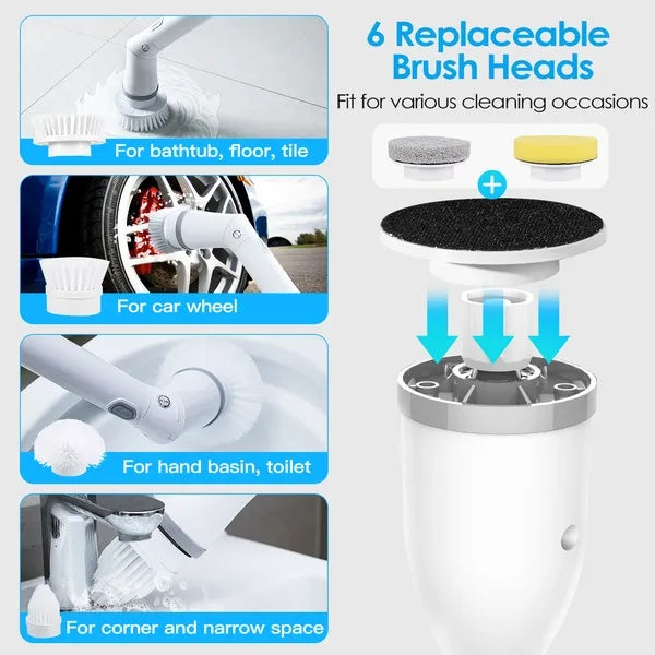 Electric Spin Scrubber - Cordless Rechargeable Telescopic Cleaning Brush with 6 Replaceable Heads