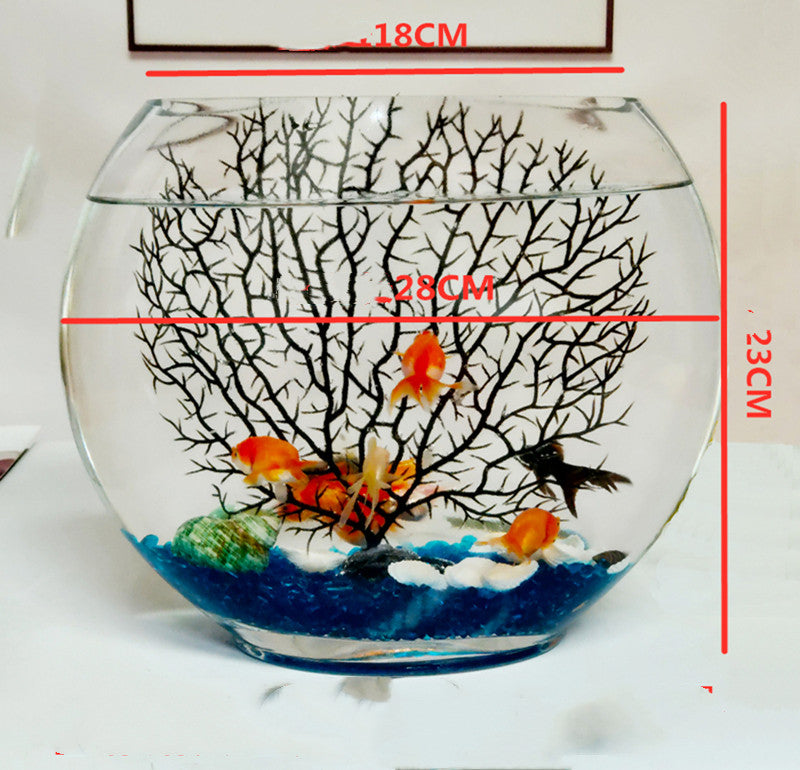 Desktop Mini Oval Glass Fish Tank - Flat Design with Blue Sand & Decor