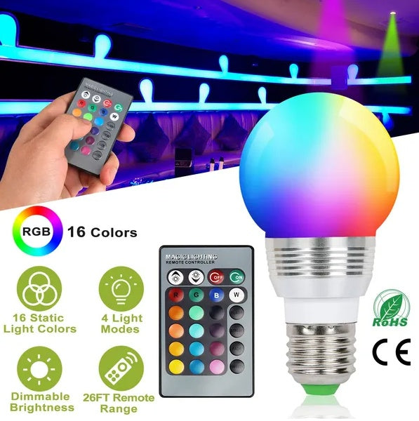 RGB LED Color Changing Bulb E27 - 16 Colors with Remote Control | Dimmable 3W Mood Light