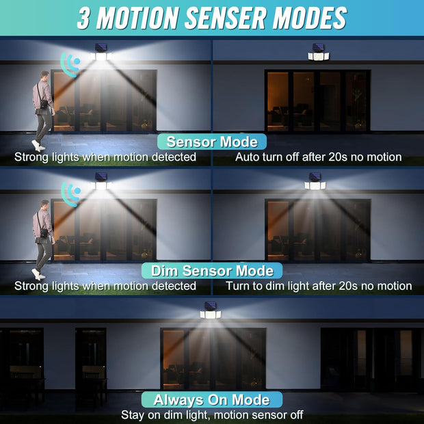 348 LED Solar Motion Sensor Lights Outdoor - 2500LM Waterproof Security Light with Remote | 3 Heads