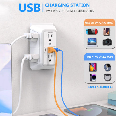 Multi-Functional Power Strip - 6 AC Outlets + 4 USB Ports Wall Socket