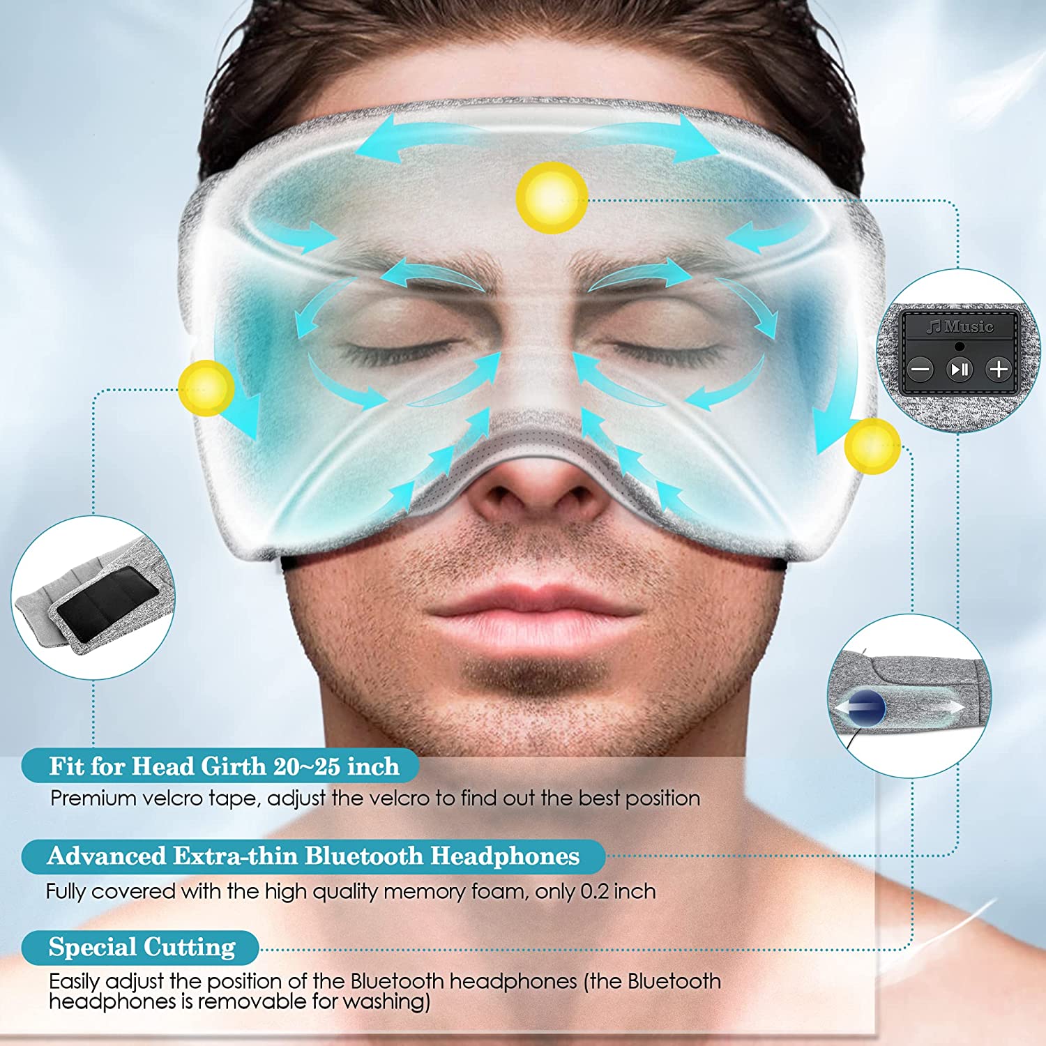 Bluetooth Sleep Mask - 20 White Noise Sounds & 15-Hour Battery